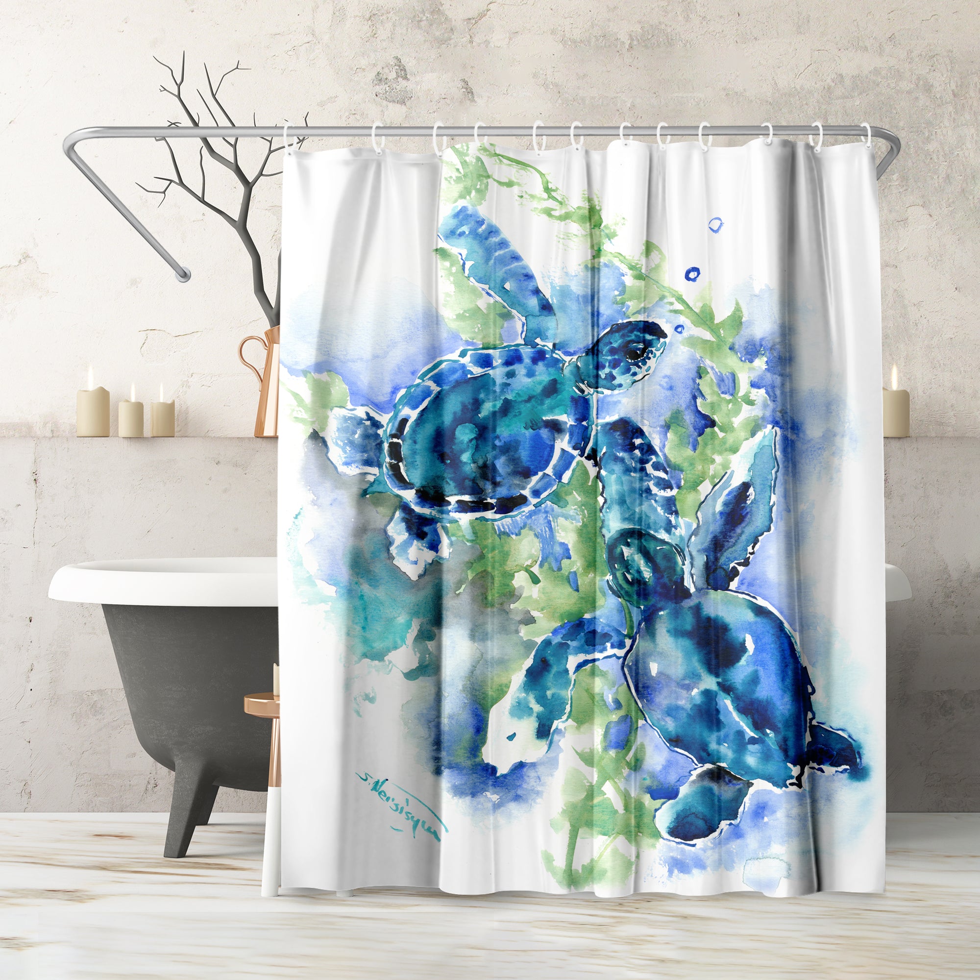 71 x 74 Decorative Shower Curtain with 12 Hooks, Three Sea Turtles b –  Americanflat