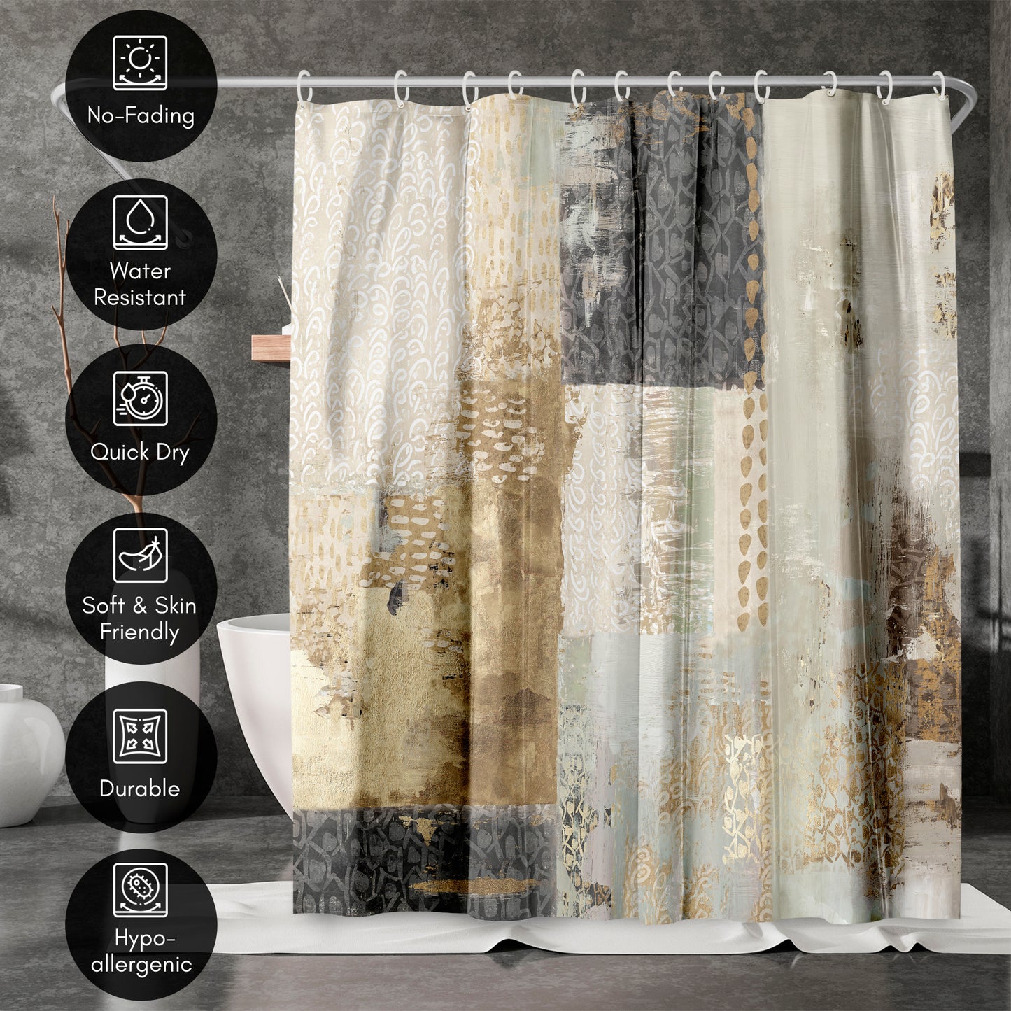 71x74 Abstract Shower Curtain with 12 Metal Grommets | Vertical Distressed Textures