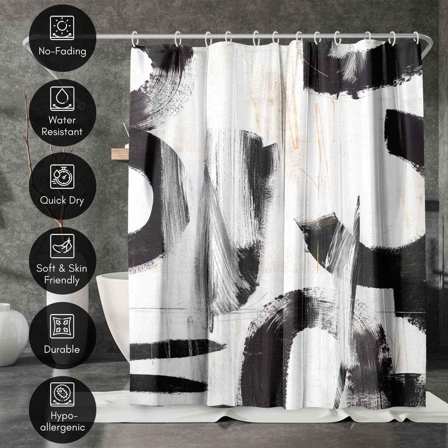 71x74 Abstract Shower Curtain with 12 Metal Grommets | Monochrome