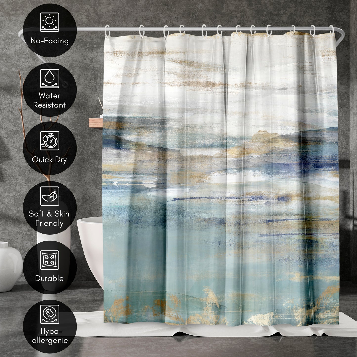 71x74 Abstract Shower Curtain with 12 Metal Grommets | Landscape-Inspired Design