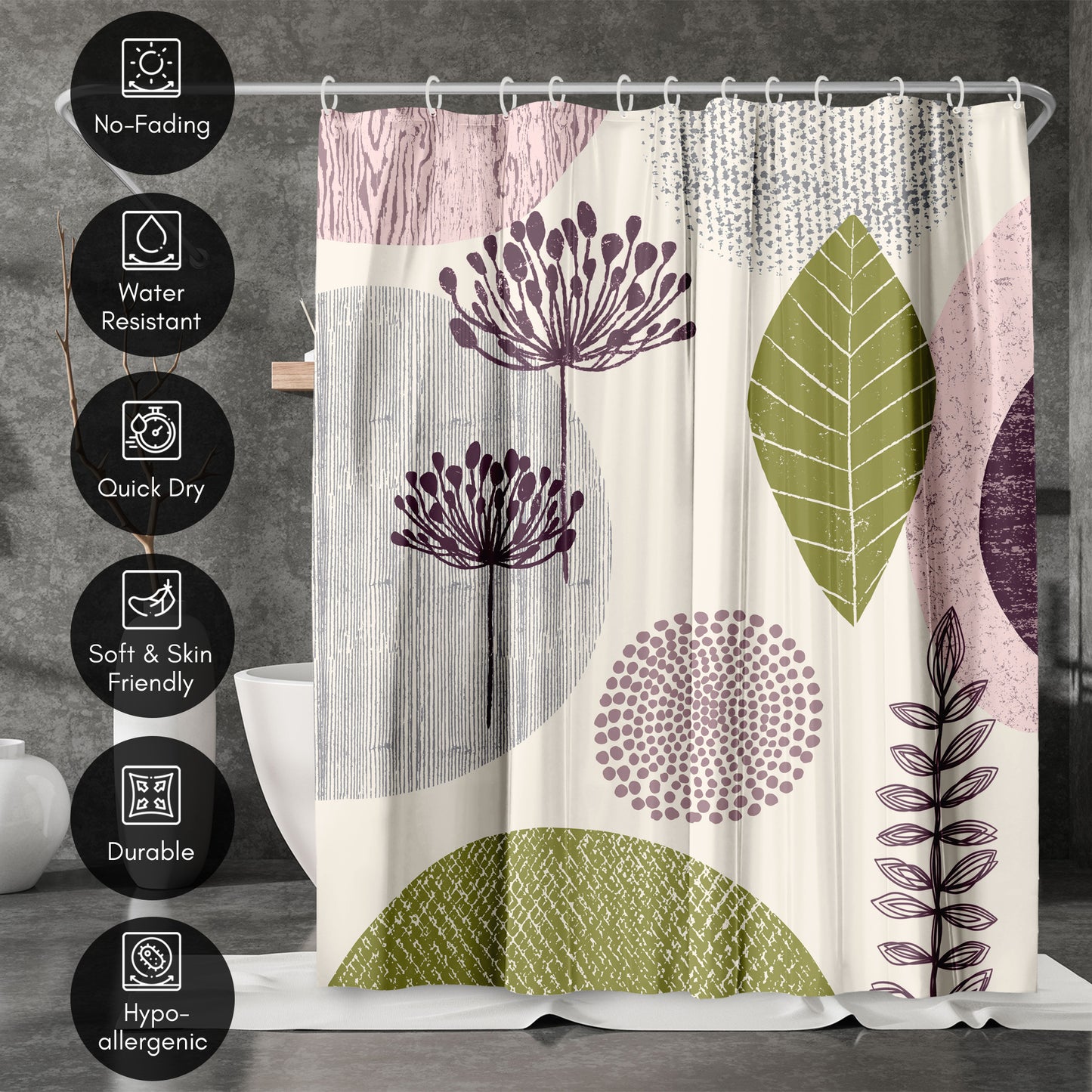 71x74 Abstract Shower Curtain with 12 Metal Grommets | Bold Floral Design