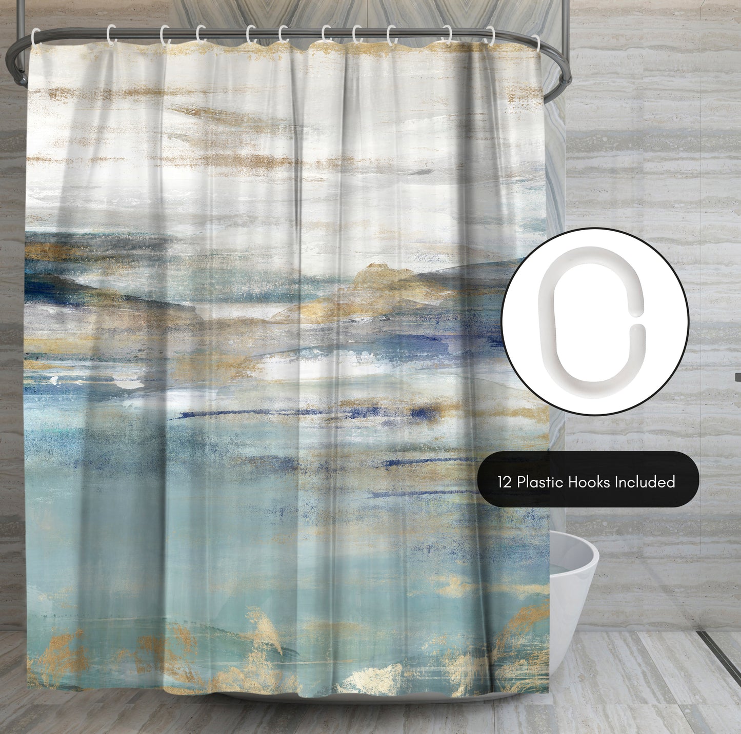 71x74 Abstract Shower Curtain with 12 Metal Grommets | Landscape-Inspired Design