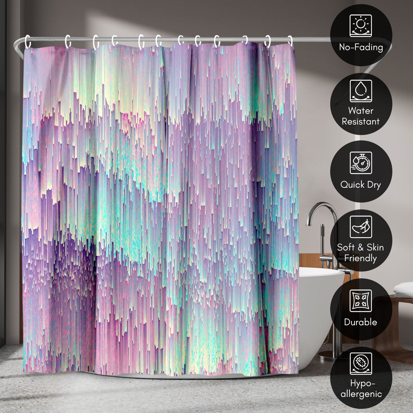 71x74 Abstract Shower Curtain with 12 Metal Grommets | Iridescent Glitches