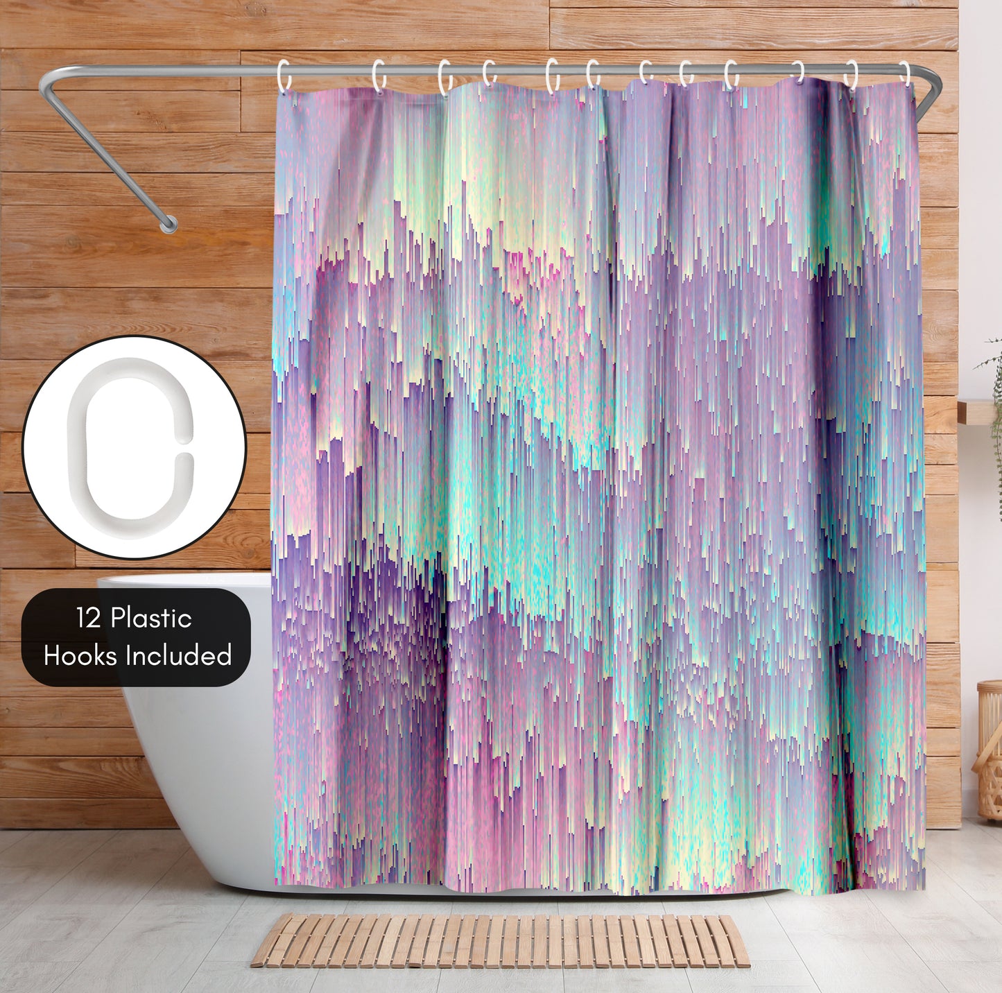 71x74 Abstract Shower Curtain with 12 Metal Grommets | Iridescent Glitches