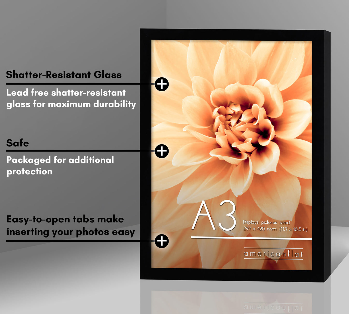 Americanflat | A3 Picture Frame with Shatter-Resistant Glass | Set of 2 | 11.7x16.5 Frame with Engineered Wood | Signature Collection | A3 Frames for Wall Display | Black