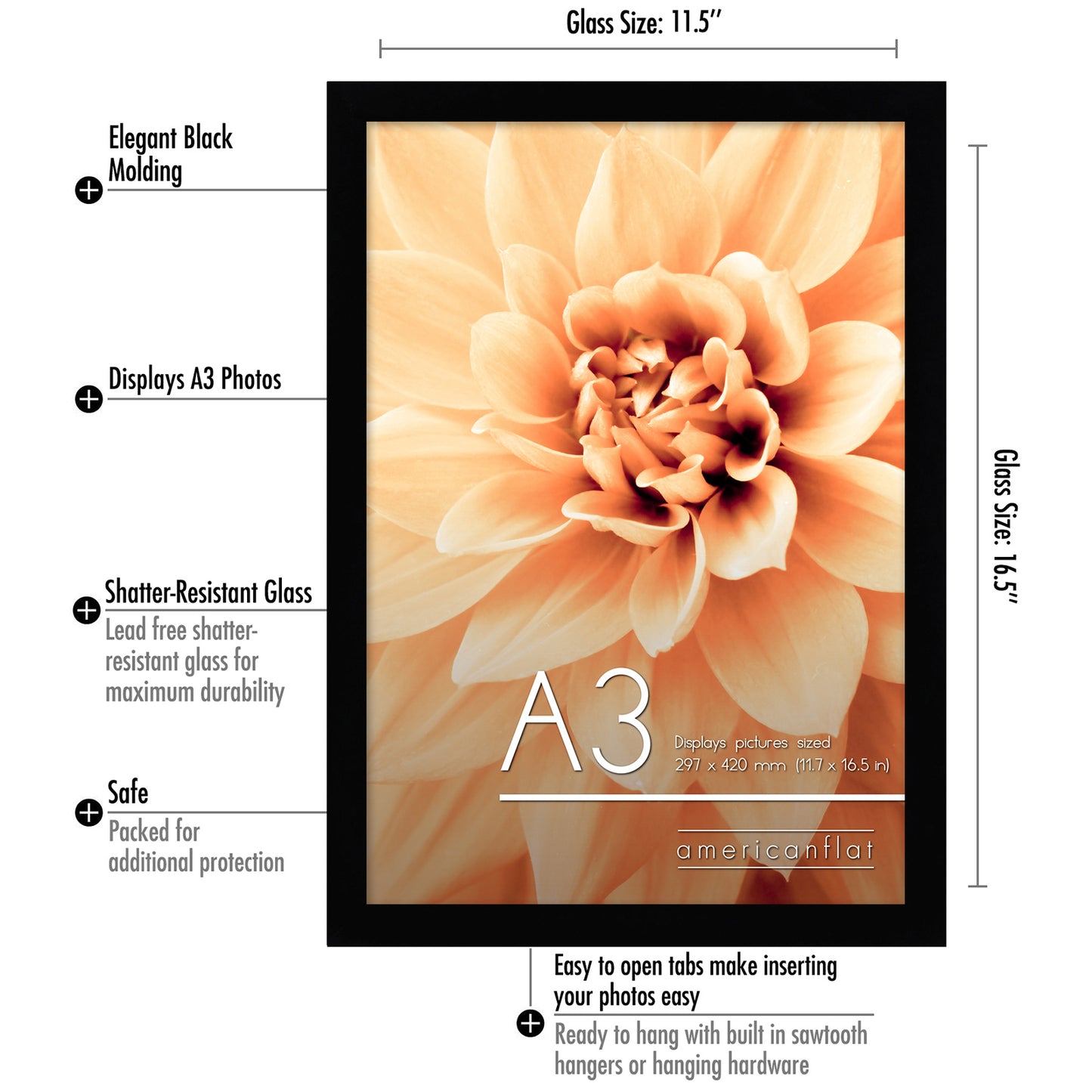 Americanflat | A3 Picture Frame with Shatter-Resistant Glass | Set of 2 | 11.7x16.5 Frame with Engineered Wood | Signature Collection | A3 Frames for Wall Display | Black
