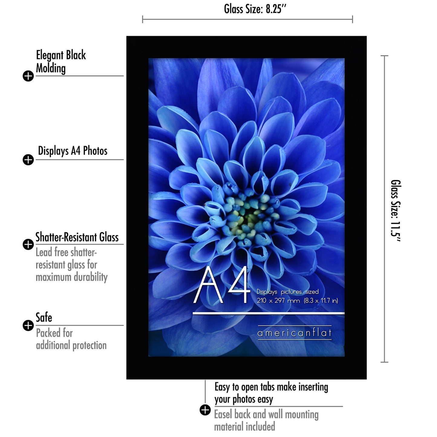 Americanflat | A4 Picture Frame with Shatter-Resistant Glass | Set of 2 - 8.3x11.7 Frame with Engineered Wood | Signature Collection | A4 Frames for Tabletop and Wall Display | Black
