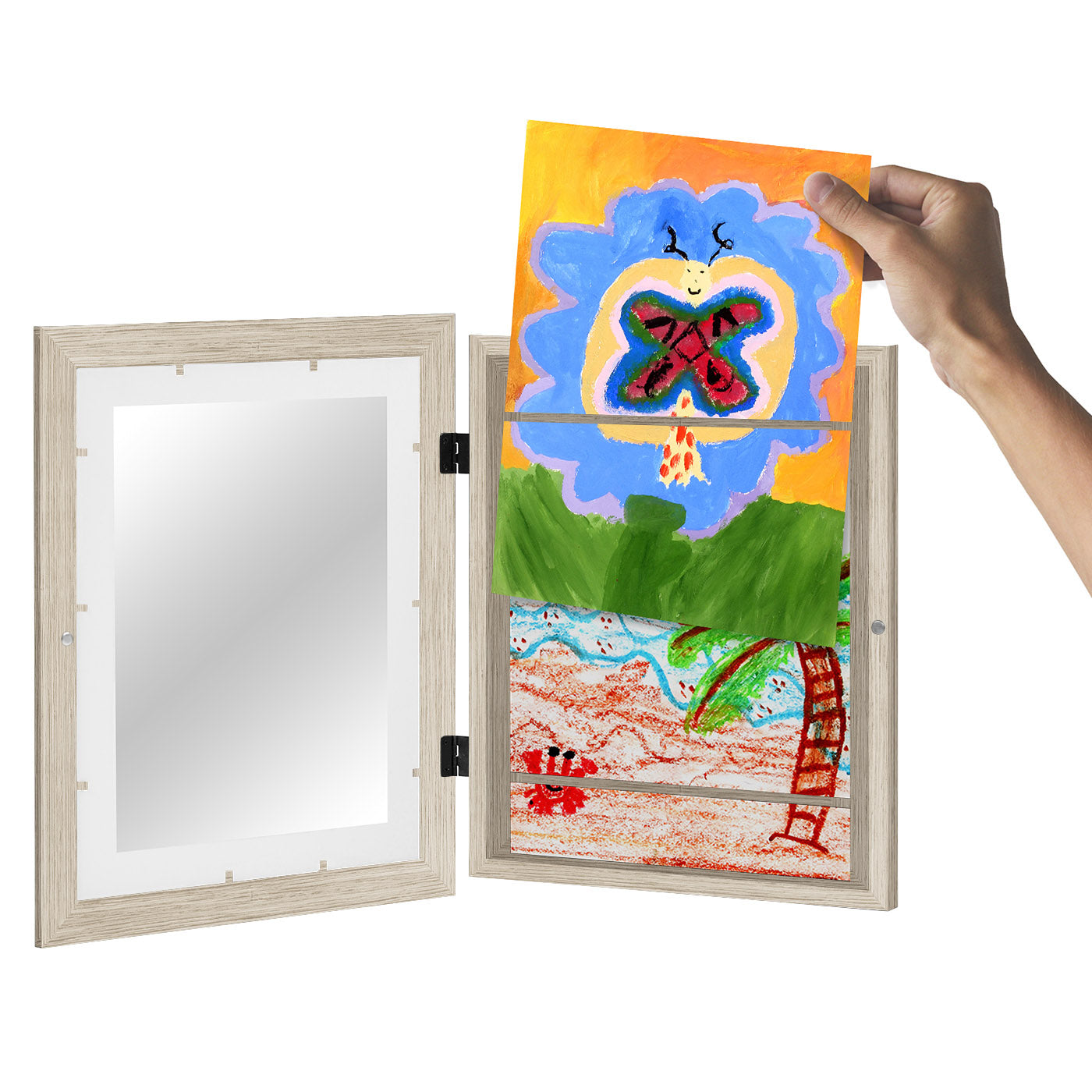 Americanflat | Kids Artwork Frame Changeable (Driftwood) | Magnetic Door Holds 100 Art Pieces | 8.5x11 Letter Size Display with Mat or 10x12.5 Without Mat | My Mini Masterpiece