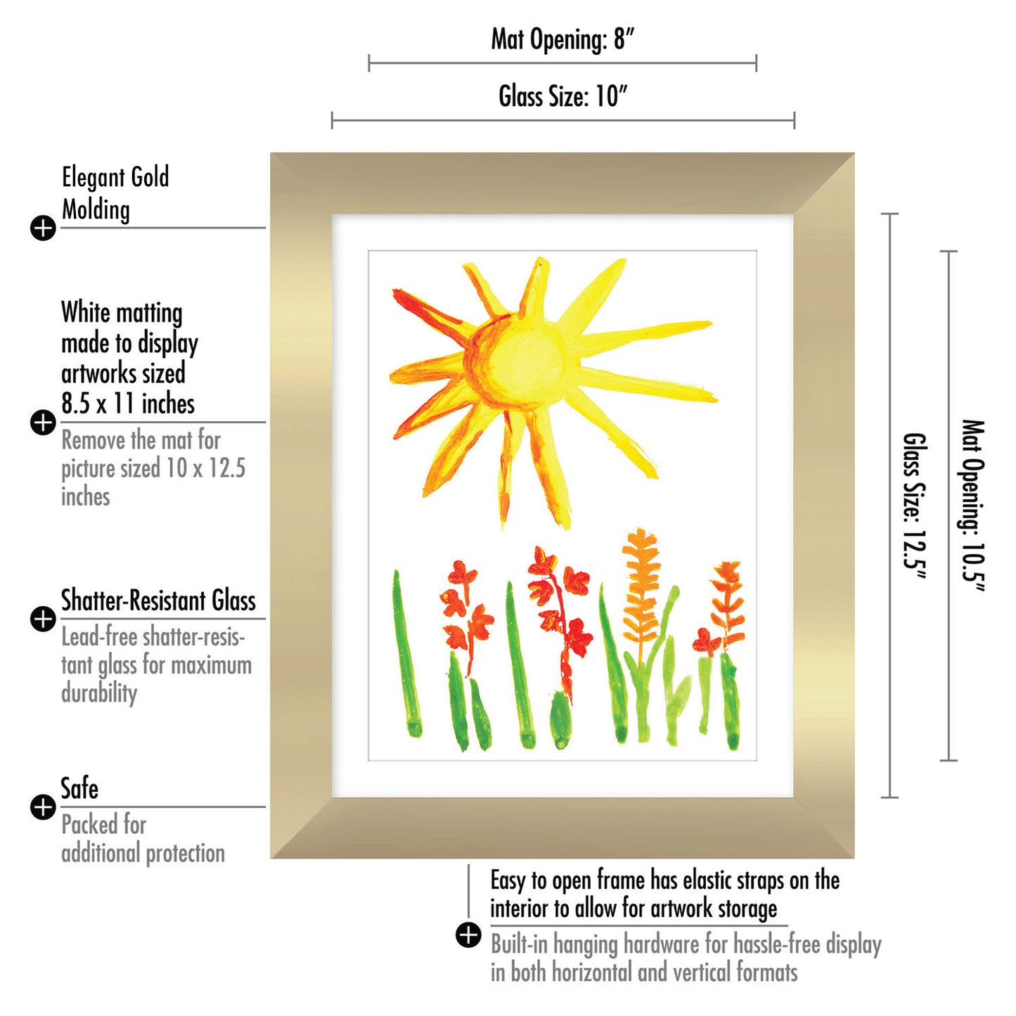 Kids Artwork Frame Changeable (Gold) | Magnetic Door Holds 100 Art Pieces | 8.5x11 Letter Size Display with Mat or 10x12.5 Without Mat | My Mini Masterpiece (Set of 2)