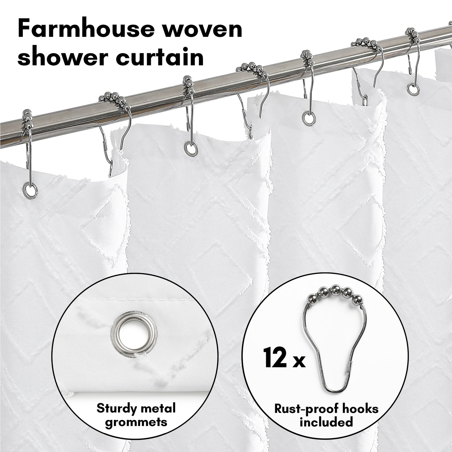 71x71 Woven Linen Shower Curtain with Tassel Accents and 12 Grommets | Textured Designs