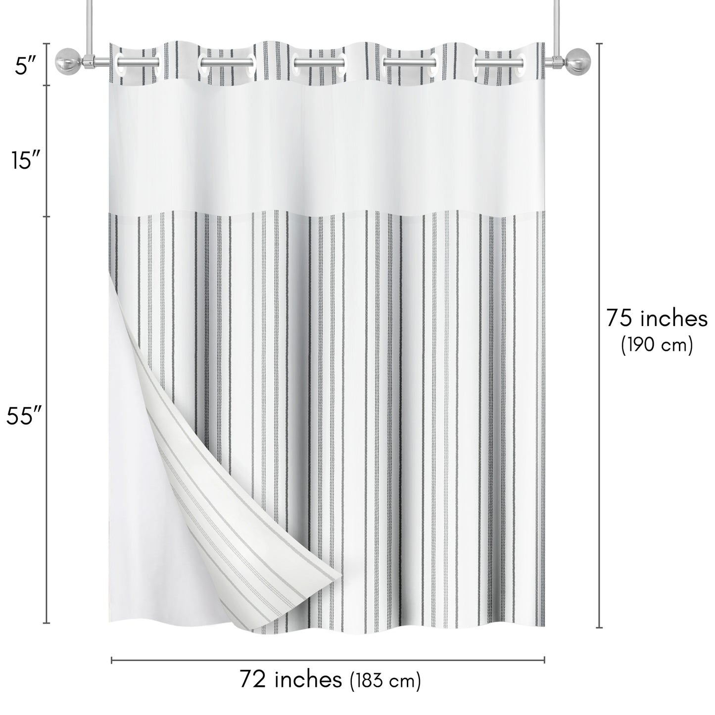 72x75 Hookless Shower Curtain with Sheer Panel, Snap-In Liner, and Grommets | Stripes