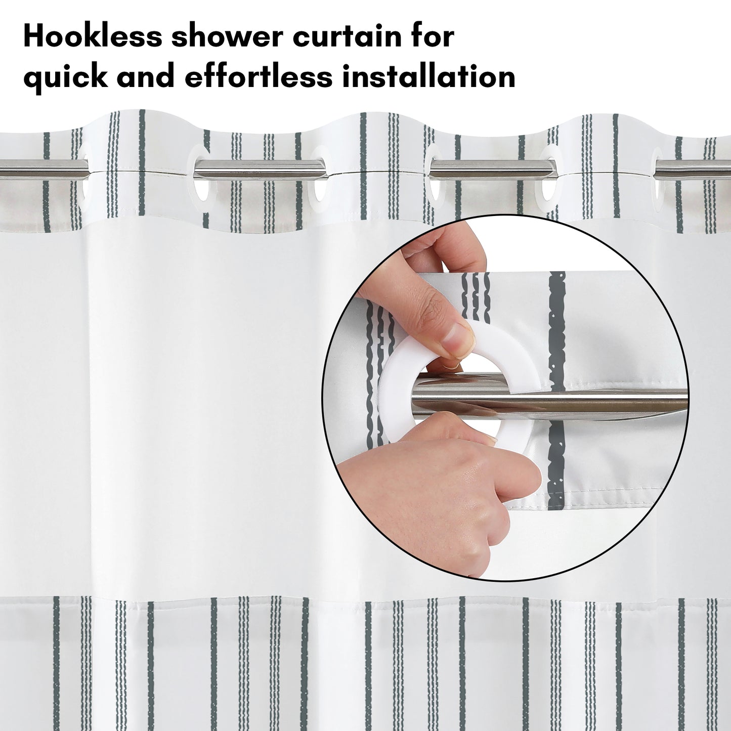 72x75 Hookless Shower Curtain with Sheer Panel, Snap-In Liner, and Grommets | Stripes
