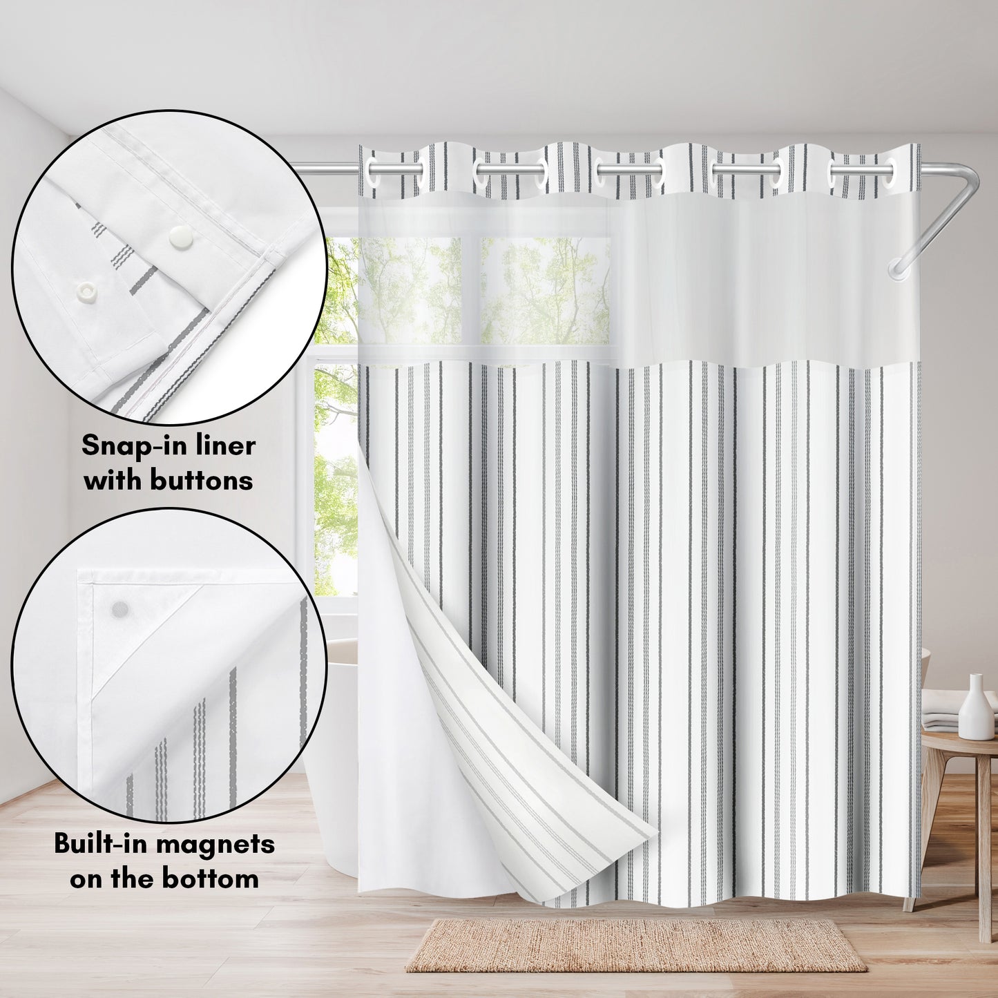 72x75 Hookless Shower Curtain with Sheer Panel, Snap-In Liner, and Grommets | Stripes