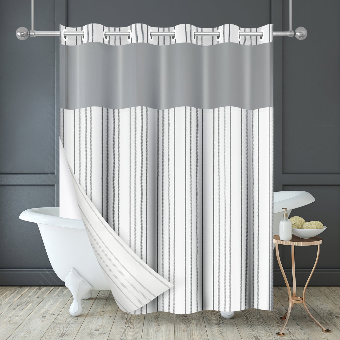 72x75 Hookless Shower Curtain with Sheer Panel, Snap-In Liner, and Grommets | Stripes