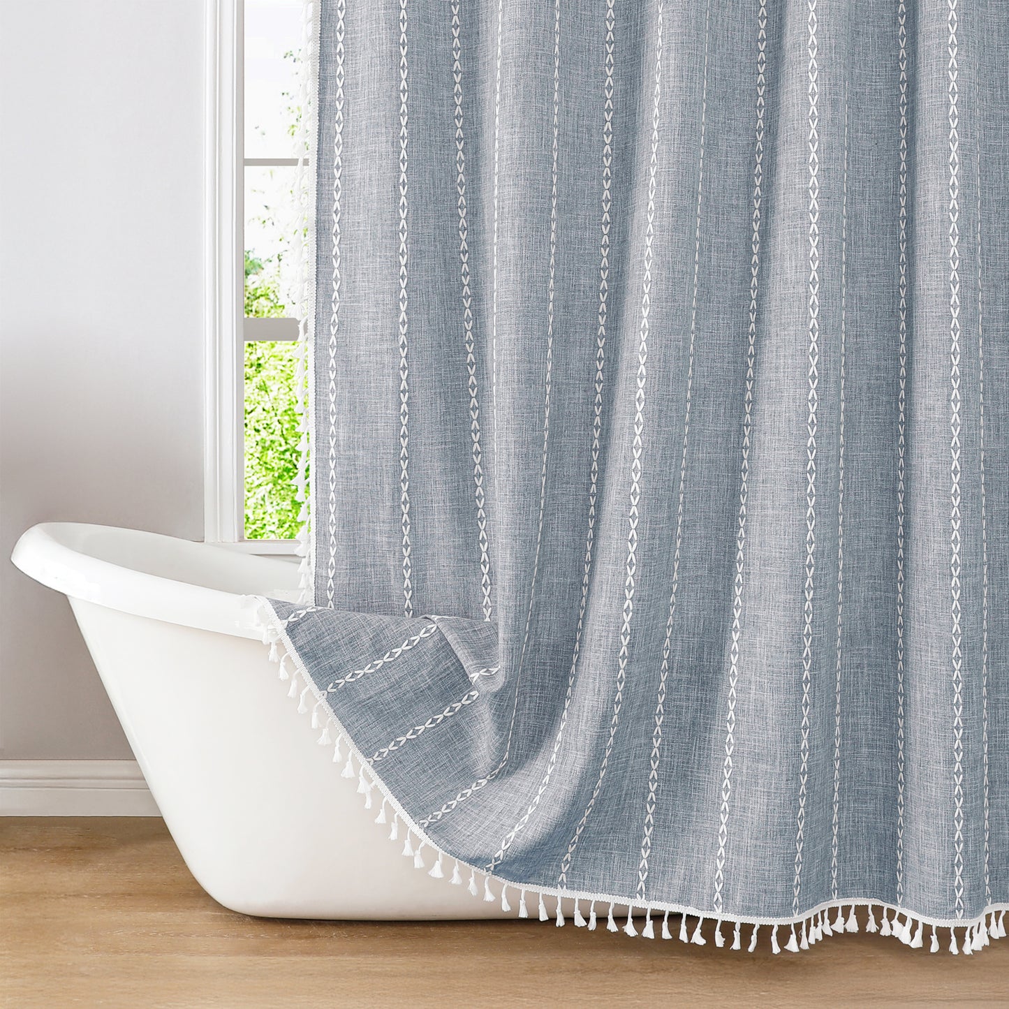 71x71 Woven Linen Shower Curtain with Tassel Accents and 12 Grommets | Solid Color