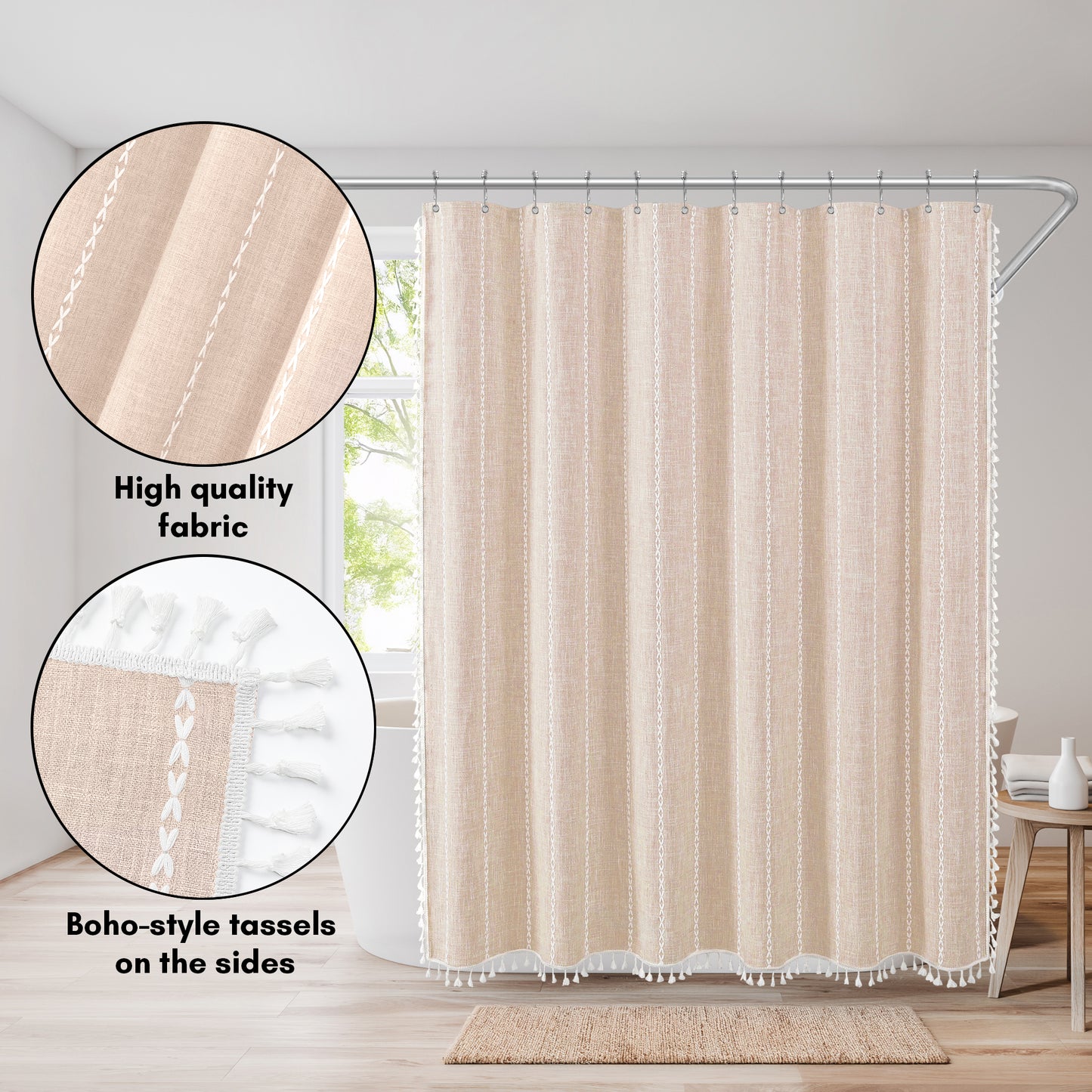 71x71 Woven Linen Shower Curtain with Tassel Accents and 12 Grommets | Solid Color