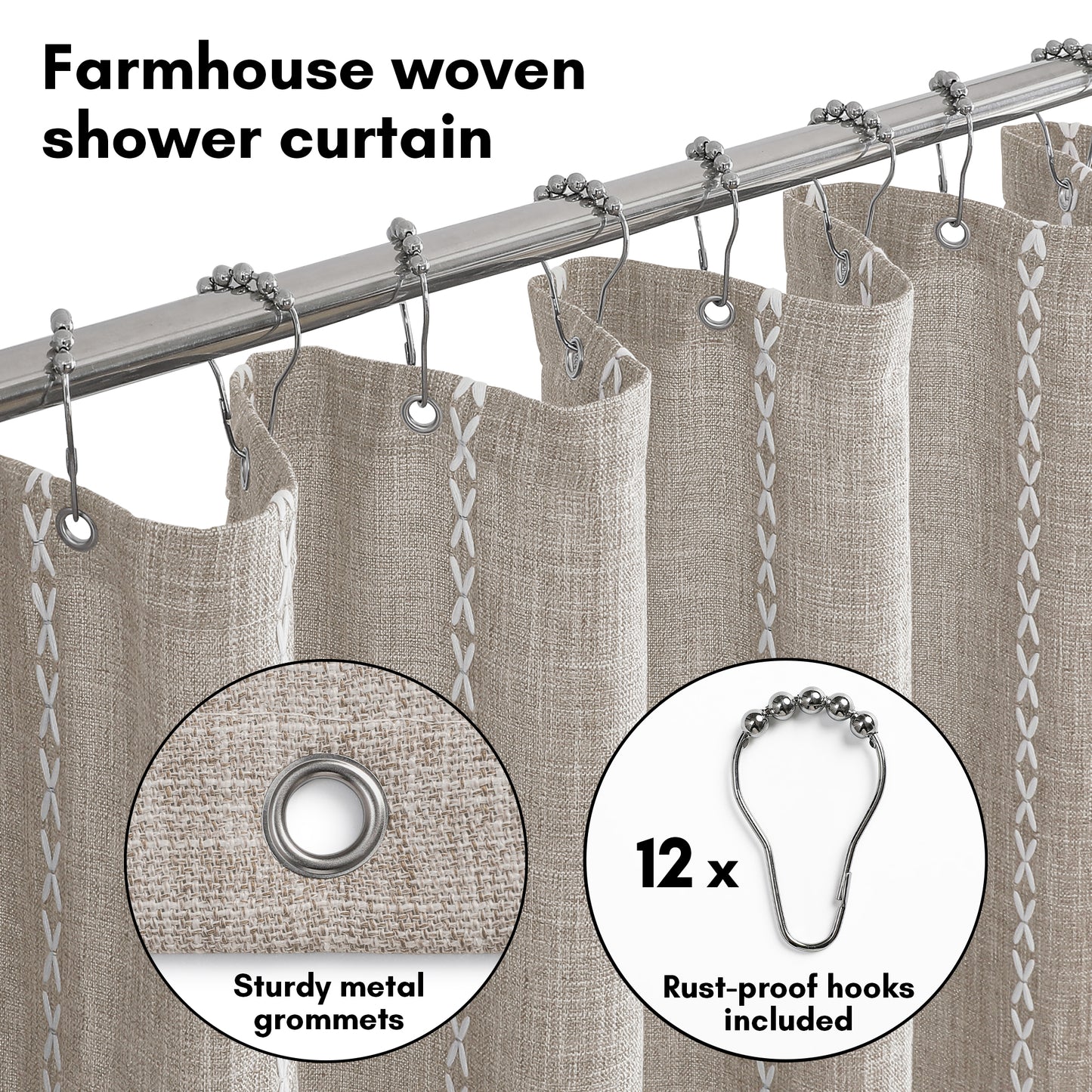 71x71 Woven Linen Shower Curtain with Tassel Accents and 12 Grommets | Solid Color