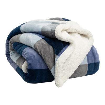 Throw Blanket | Fleece & Sherpa - Reversible - Oversize Plaid — 60x80 / Blue