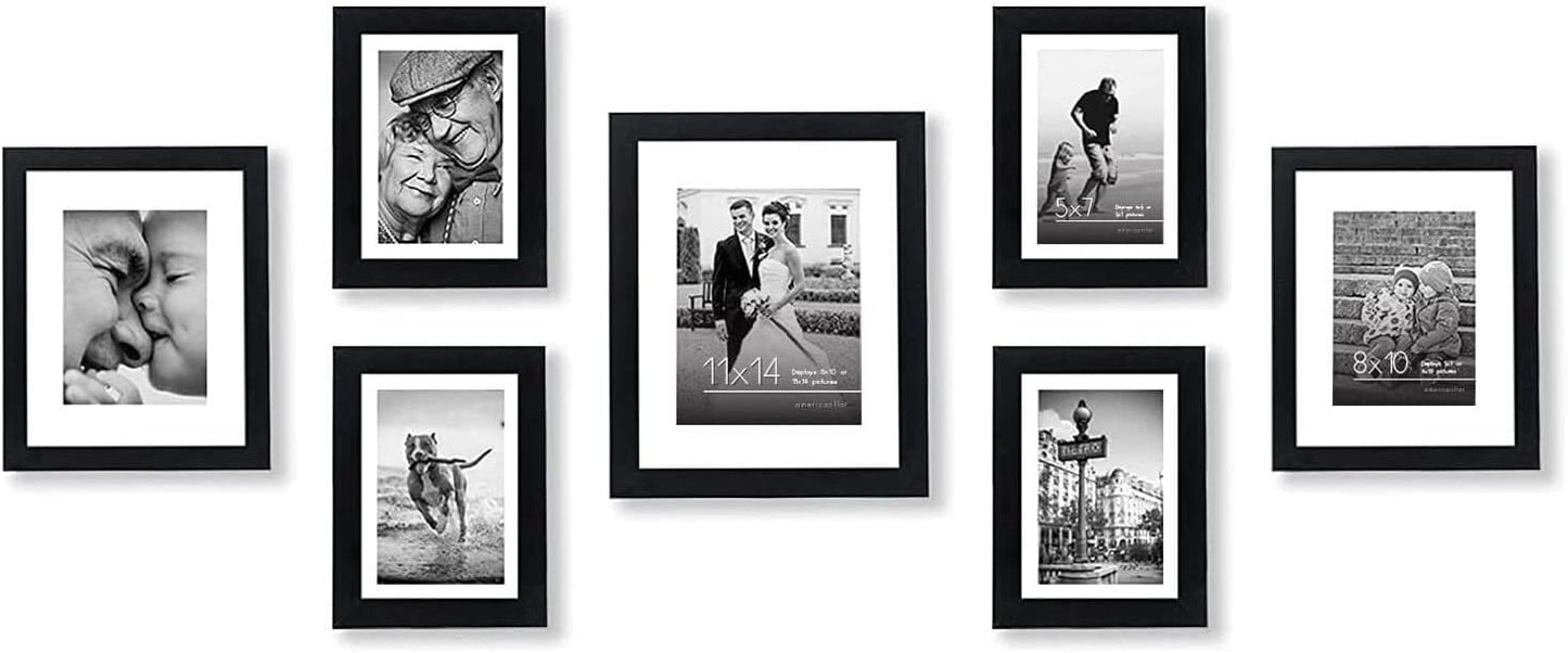 Americanflat | Set of 7 Picture Frames with Shatter-Resistant Glass | Gallery Wall Frame Set with One 11x14 Frame, Two 8x10 Frames, and Four 5x7 Frames | Signature Collection | Black