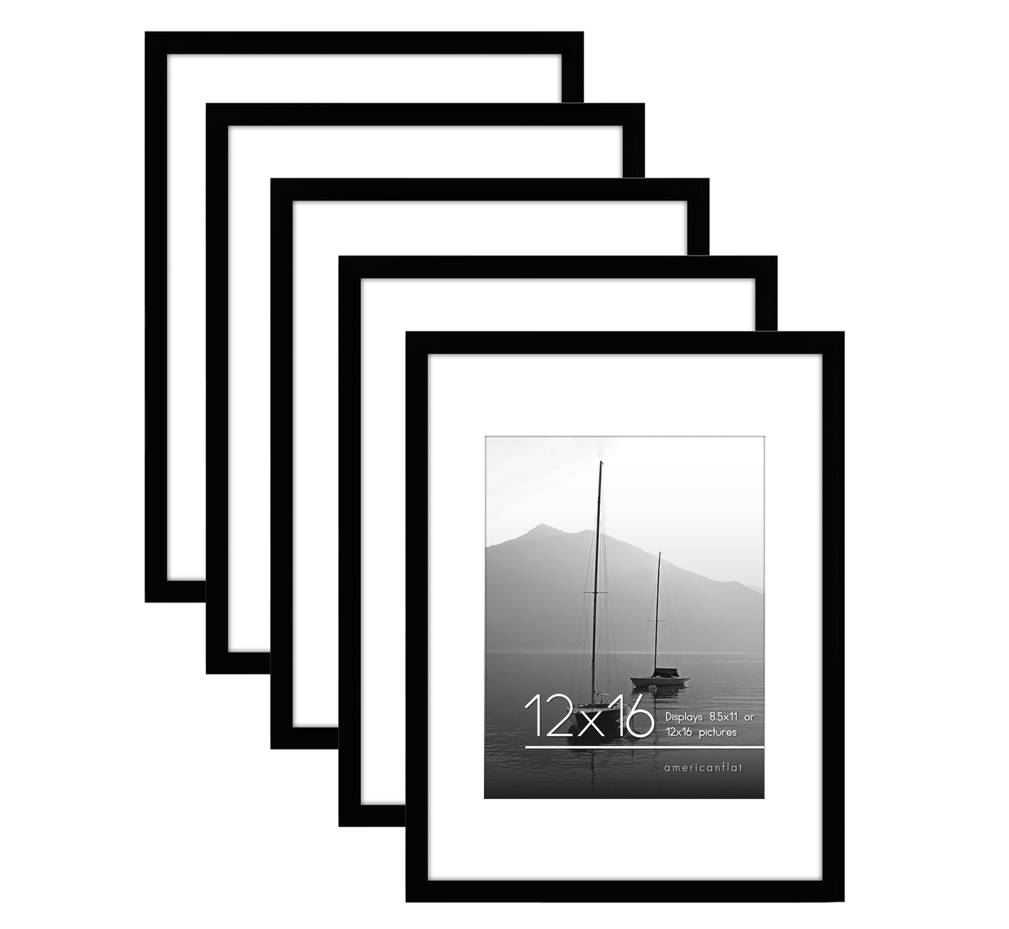 Americanflat | 12x16 Picture Frame with Polished Plexiglass - Set of 5 | Use as 8.5x11 Frame with Mat or Display 12x16 Photo Without Mat | Galleria Collection | Picture Frames for Wall Display | Black