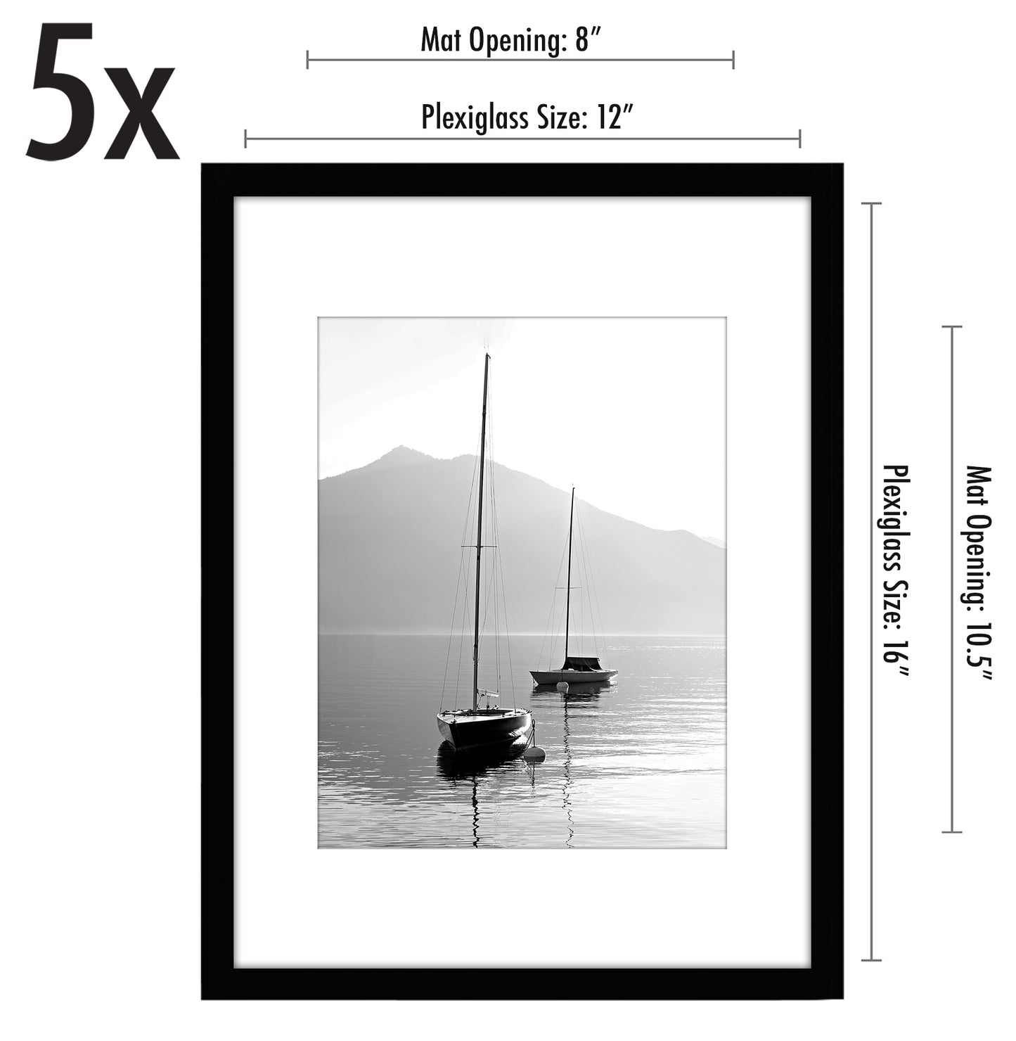 Americanflat | 12x16 Picture Frame with Polished Plexiglass - Set of 5 | Use as 8.5x11 Frame with Mat or Display 12x16 Photo Without Mat | Galleria Collection | Picture Frames for Wall Display | Black