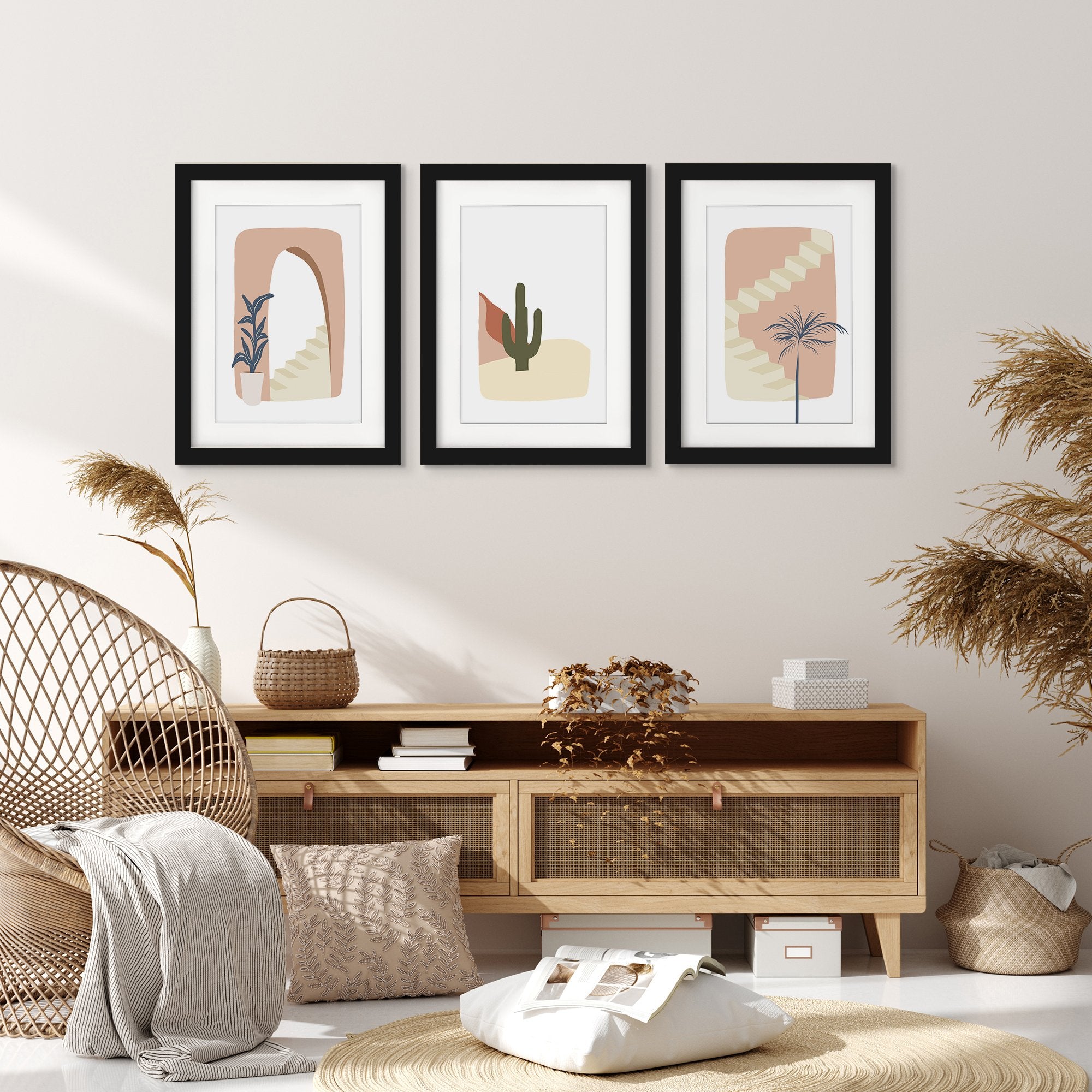 Pink Staircase by Wall + Wonder - 3 Piece Gallery Framed Print Art Set