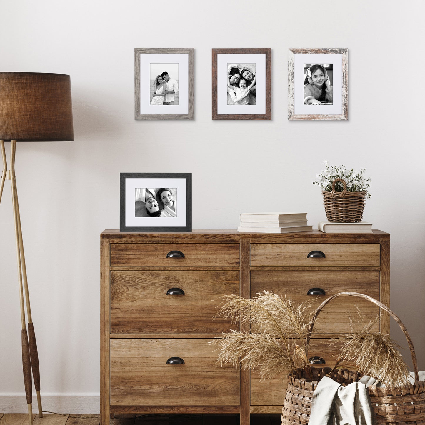Rustic 8x10 Frame Set of 4 - Photo Frame with Textured Engineered Wood, Shatter Resistant Glass, and Easel - Picture Frame