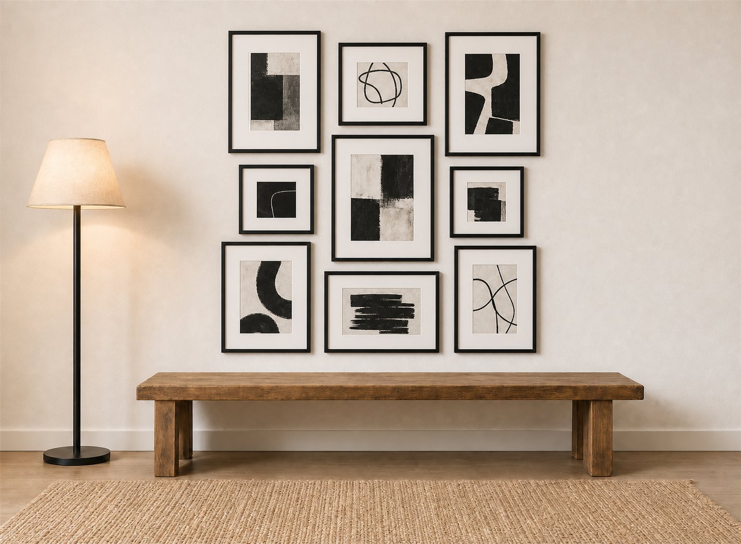 A black-framed gallery wall above a wooden bench