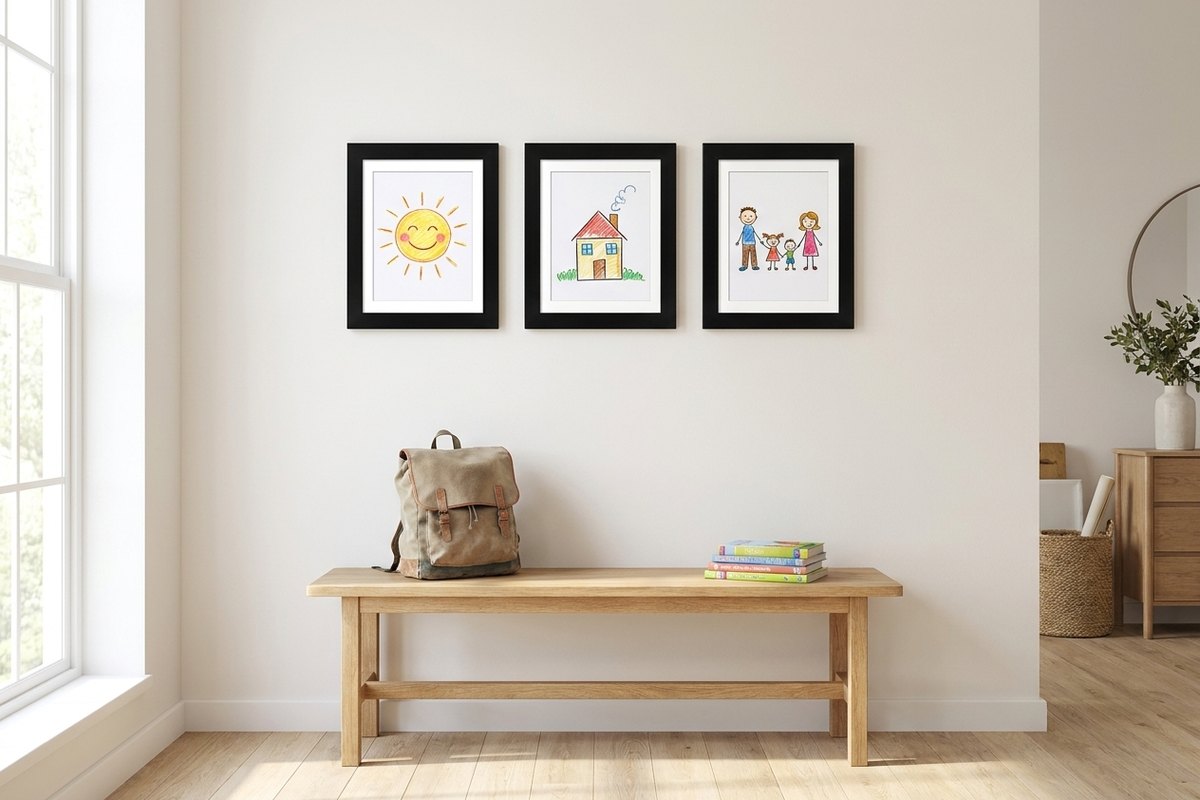Back to school — framed kids artwork over an entryway bench