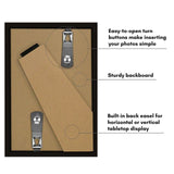 Back of the black Instax frame: turn buttons, sturdy backboard and a built-in easel 