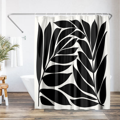 71x74 Botanical Shower Curtain with 12 Metal Grommets | Black Seagrass Shapes — 71 x 74