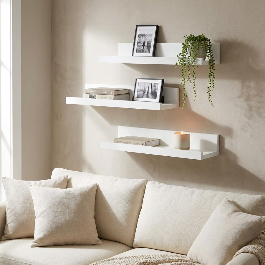 Three white floating ledges on a wall above a cream sofa, holding frames and a candle 