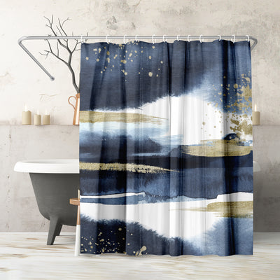 71x74 Abstract Shower Curtain with 12 Metal Grommets | Navy Blue and Gold — 71 x 74
