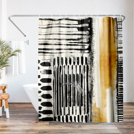 71x74 Abstract Shower Curtain with 12 Metal Grommets | Black and Gold