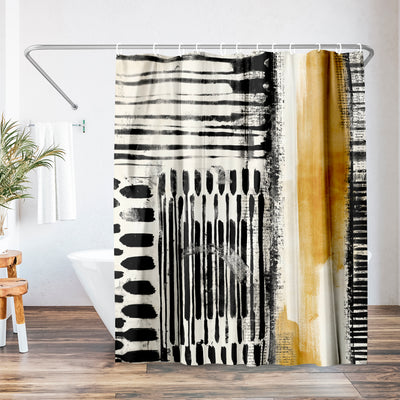 71x74 Abstract Shower Curtain with 12 Metal Grommets | Black and Gold — 71 x 74