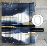 71x74 Abstract Shower Curtain with 12 Metal Grommets | Navy Blue and Gold