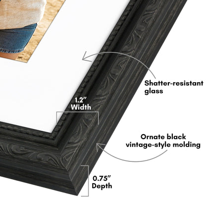 8x10 with 5x7 Mat | Ornate Vintage Frame | Black | Modern - Premium Quality