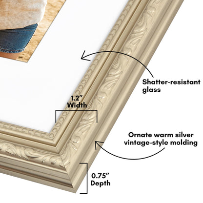 8x10 with 5x7 Mat | Ornate Vintage Frame | Silver | Modern - Premium Quality
