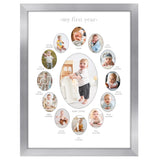 Silver keepsake frame with a my first year mat, month labels around a one year photo 