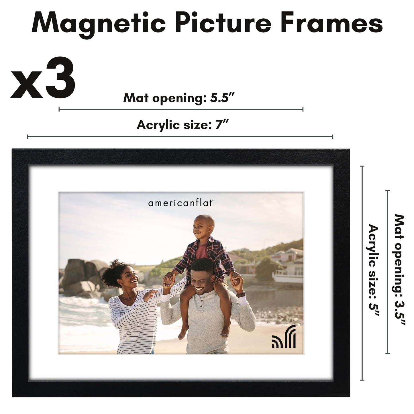5x7 with 4x6 Mat | Magnetic Refrigerator Frame | Set of 3 | Black | Modern