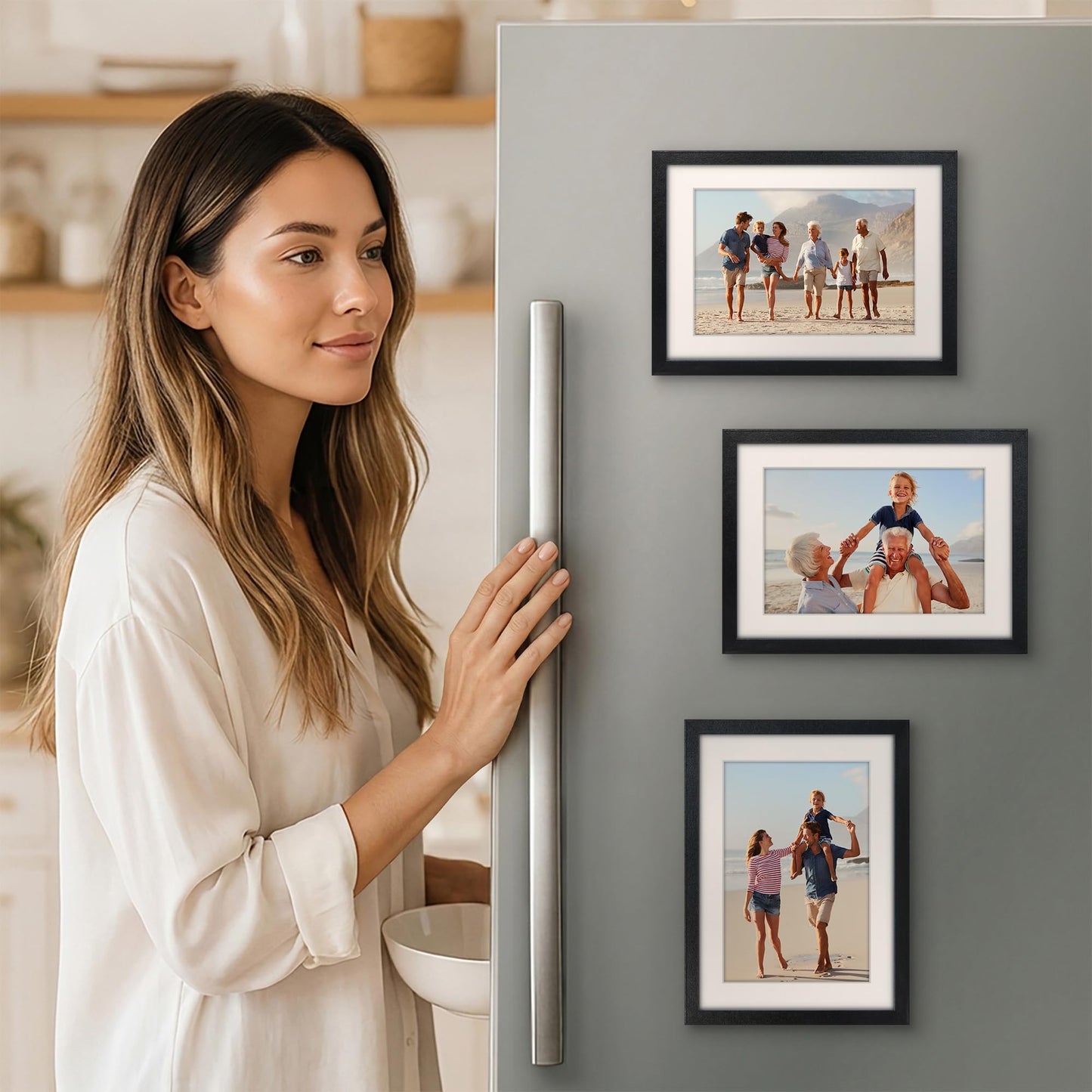 5x7 with 4x6 Mat | Magnetic Refrigerator Frame | Set of 3 | Black | Modern