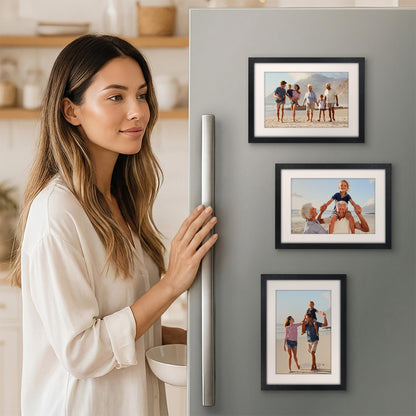 5x7 with 4x6 Mat | Magnetic Refrigerator Frame | Set of 3 | Black | Modern