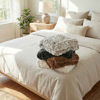 Americanflat 50x60 Rouched Faux Fur Throw Blanket - Soft and Breathable Throw Blanket for Couch, Bed, Chair - Gray Faux Fur Blankets Perfect for Home, Bedroom, or Outdoor Use