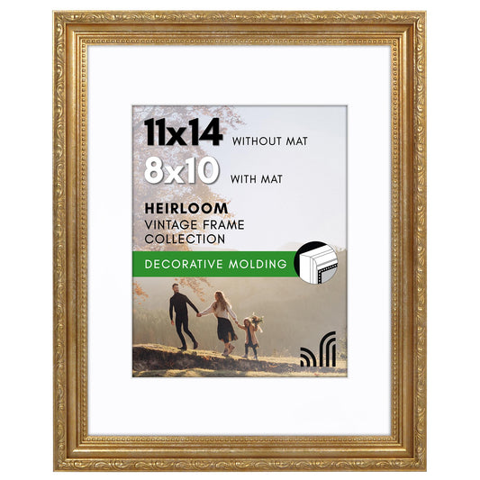 11x14 with 8x10 Mat | Ornate Vintage Frame | Gold | Modern - Premium Quality
