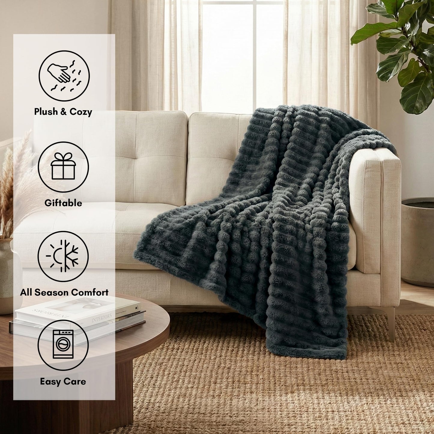 Americanflat 50x60 Faux Fur Throw Blanket - Soft and Breathable Throw Blanket for Couch, Bed, Chair - Dark Gray Faux Fur Blankets Perfect for Home, Bedroom, or Outdoor Use