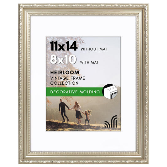 11x14 with 8x10 Mat | Ornate Vintage Frame | Silver | Modern - Premium Quality