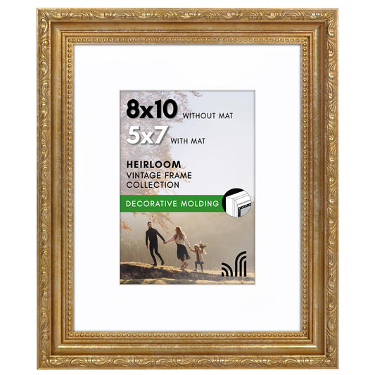 8x10 with 5x7 Mat | Ornate Vintage Frame | Gold | Modern - Premium Quality