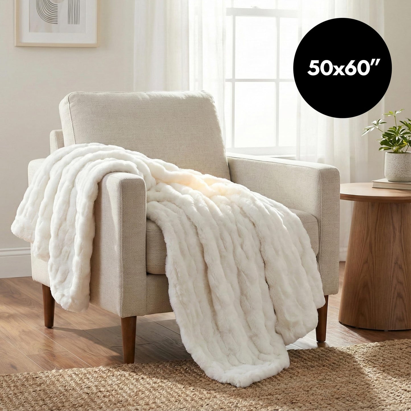 Americanflat 50x60 Rouched Faux Fur Throw Blanket - Soft and Breathable Throw Blanket for Couch, Bed, Chair - White Faux Fur Blankets Perfect for Home, Bedroom, or Outdoor Use