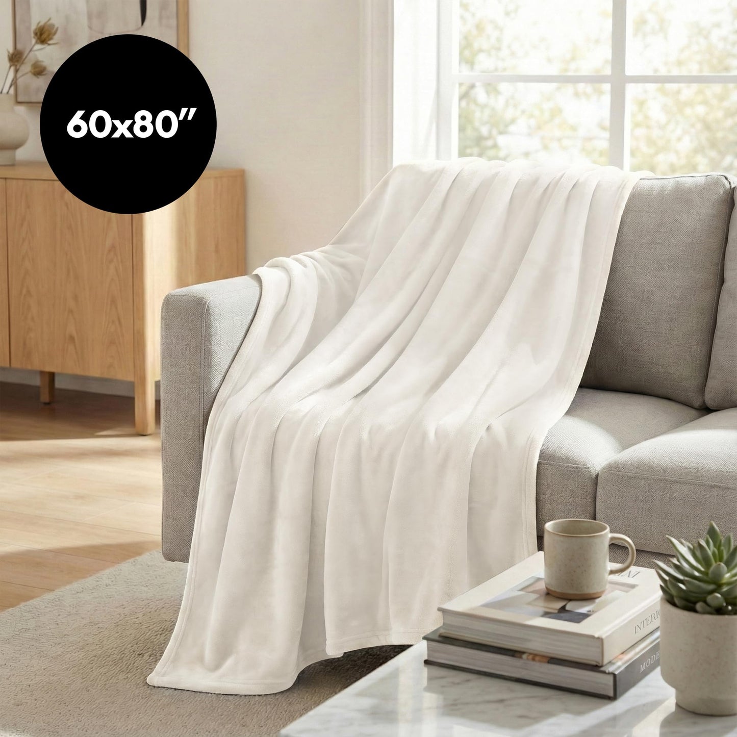 Americanflat 60x80 Fleece Throw Blanket - Soft and Breathable Throw Blanket for Couch, Bed, Chair - Roomy Fleece Blankets Perfect for Home, Bedroom, or Outdoor Use - White