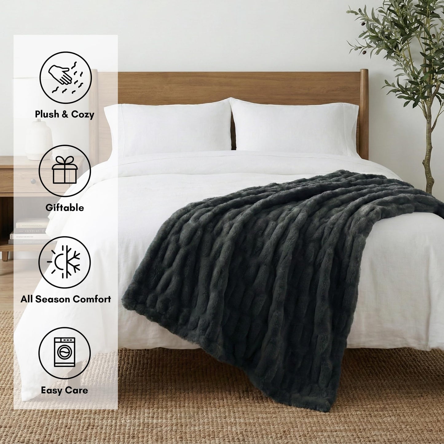 Americanflat 50x60 Rouched Faux Fur Throw Blanket - Soft and Breathable Throw Blanket for Couch, Bed, Chair - Gray Faux Fur Blankets Perfect for Home, Bedroom, or Outdoor Use